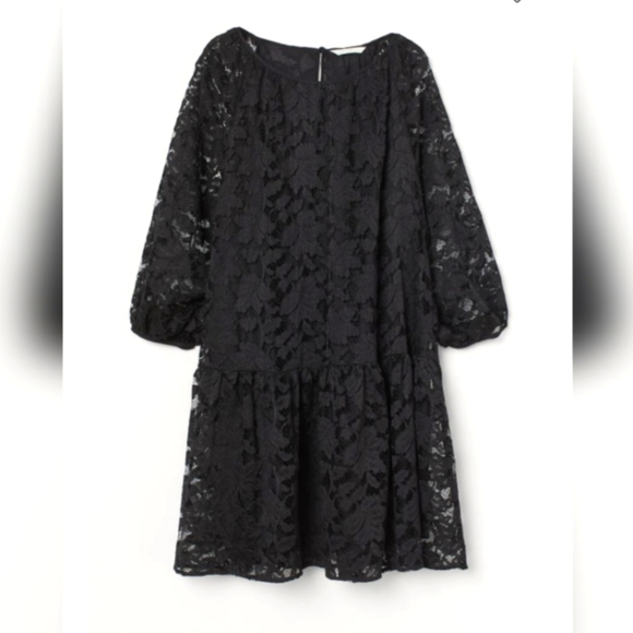 Black Raglan Balloon Sleeve Lace Dress - Picture 1 of 9